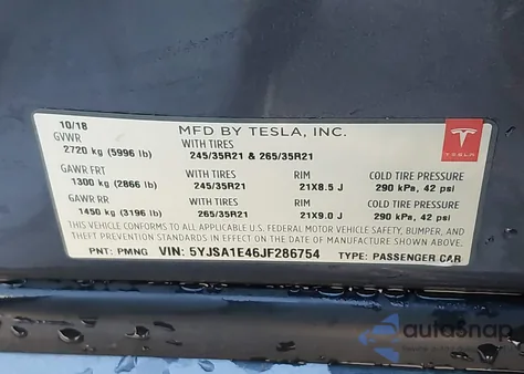 2018 Tesla Model S 100D/75D/P100D из США, поврежденный, VIN 5YJSA1E46JF286754